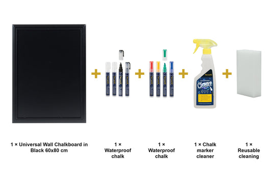 Securit Chalkboard Set - Universal Wall Chalkboard in Black 60x80 cm - Board + Waterproof Markers + Cleaner - what is in the set
