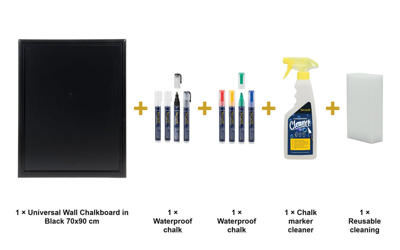 Load image into Gallery viewer, Securit Chalkboard Set - Universal Wall Chalkboard in Black 70x90 cm - Board + Waterproof Markers + Cleaner - what is in the set
