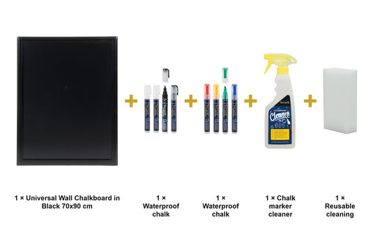 Securit Chalkboard Set - Universal Wall Chalkboard in Black 70x90 cm - Board + Waterproof Markers + Cleaner - what is in the set