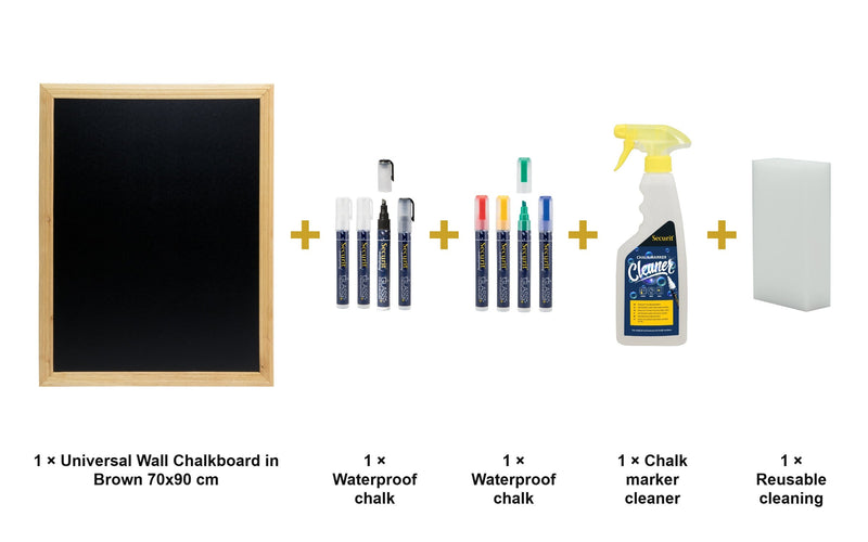 Load image into Gallery viewer, Securit Chalkboard Set - Universal Wall Chalkboard in Brown 70x90 cm - Board + Waterproof Markers + Cleaner - what is in the set

