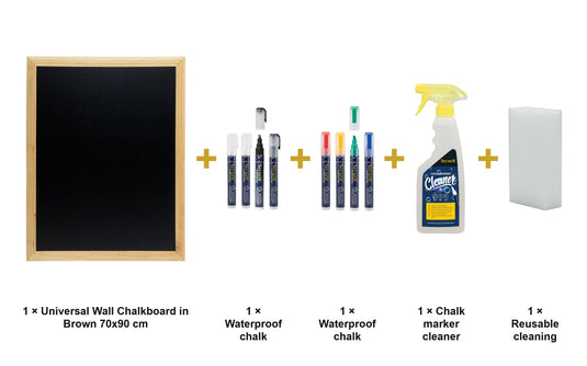 Securit Chalkboard Set - Universal Wall Chalkboard in Brown 70x90 cm - Board + Waterproof Markers + Cleaner - what is in the set