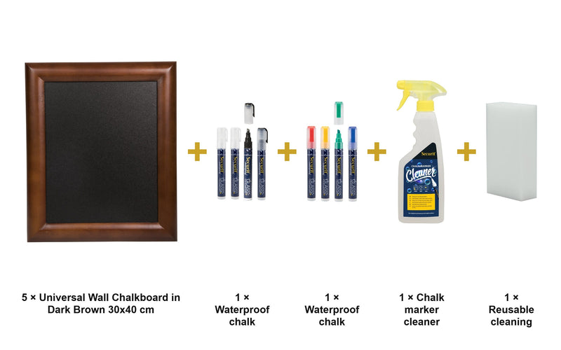 Load image into Gallery viewer, Securit Chalkboard Set - Universal Wall Chalkboard in Dark Brown 30x40 cm (Pack of 5) - Boards + Waterproof Markers + Cleaner - what is in the set
