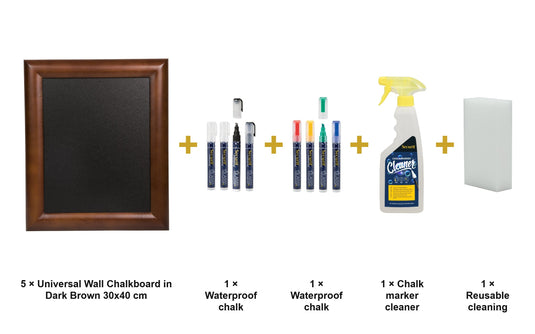 Securit Chalkboard Set - Universal Wall Chalkboard in Dark Brown 30x40 cm (Pack of 5) - Boards + Waterproof Markers + Cleaner - what is in the set