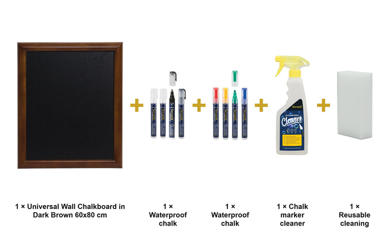 Load image into Gallery viewer, Securit Chalkboard Set - Universal Wall Chalkboard in Dark Brown 60x80 cm - Board + Waterproof Markers + Cleaner - what is in the set
