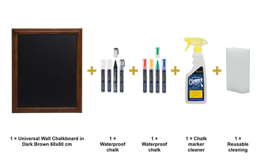 Securit Chalkboard Set - Universal Wall Chalkboard in Dark Brown 60x80 cm - Board + Waterproof Markers + Cleaner - what is in the set