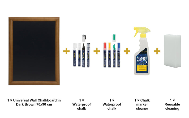Load image into Gallery viewer, Securit Chalkboard Set - Universal Wall Chalkboard in Dark Brown 70x90 cm - Board + Waterproof Markers + Cleaner - what is in the set
