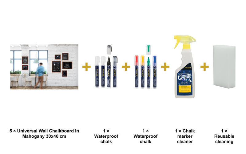 Load image into Gallery viewer, Securit Chalkboard Set - Universal Wall Chalkboard in Mahogany 30x40 cm (Pack of 5) - Boards + Waterproof Markers + Cleaner - what is in the set
