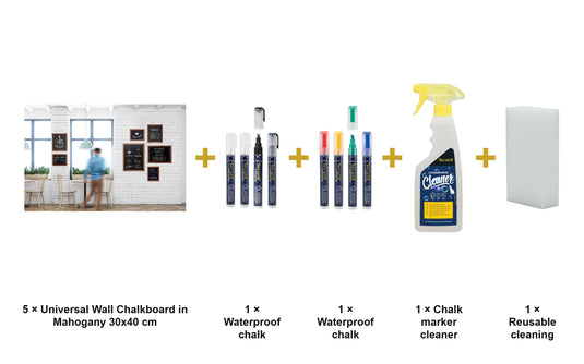 Securit Chalkboard Set - Universal Wall Chalkboard in Mahogany 30x40 cm (Pack of 5) - Boards + Waterproof Markers + Cleaner - what is in the set
