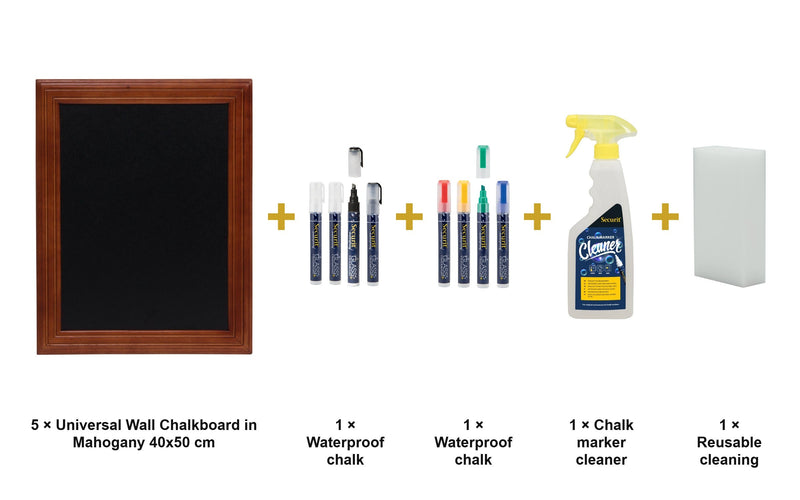 Load image into Gallery viewer, Securit Chalkboard Set - Universal Wall Chalkboard in Mahogany 40x50 cm (Pack of 5) - Boards + Waterproof Markers + Cleaner - what is in the set
