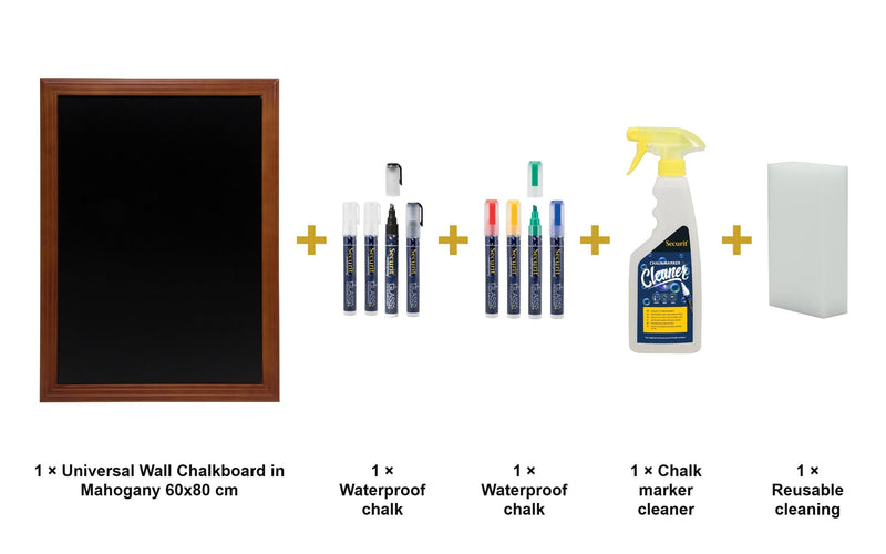 Load image into Gallery viewer, Securit Chalkboard Set - Universal Wall Chalkboard in Mahogany 60x80 cm - Board + Waterproof Markers + Cleaner - what is in the set
