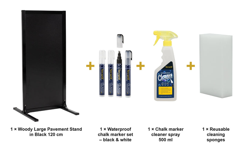 Load image into Gallery viewer, Securit Chalkboard Set - Woody Large Pavement Stand in Black 120 cm - Board + Waterproof Markers + Cleaner - what is in the set
