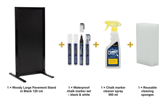 Securit Chalkboard Set - Woody Large Pavement Stand in Black 120 cm - Board + Waterproof Markers + Cleaner - what is in the set