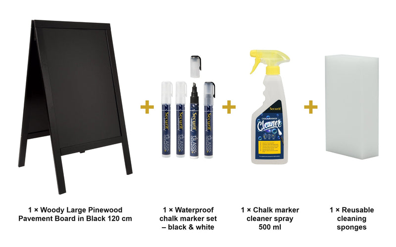 Load image into Gallery viewer, Securit Chalkboard Set - Woody Large Pinewood Pavement Board in Black 120 cm - Board + Waterproof Markers + Cleaner - what is in the set
