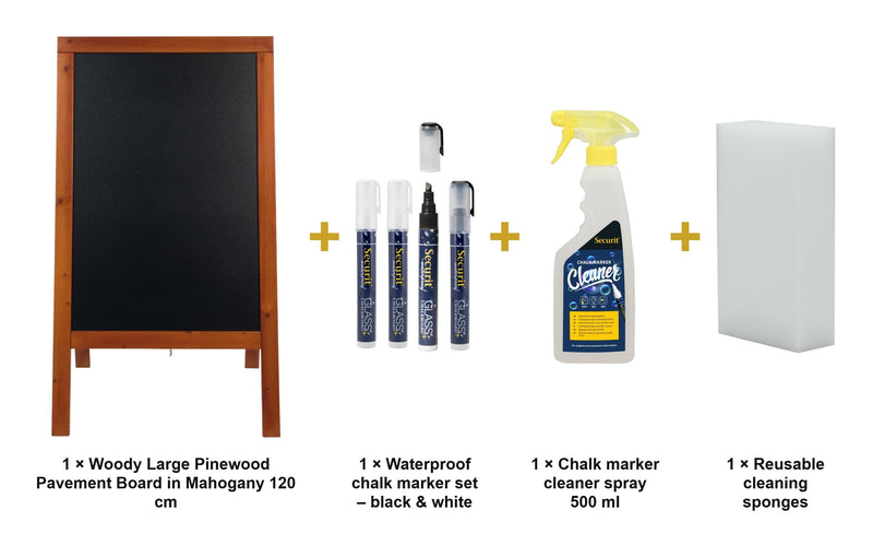 Load image into Gallery viewer, Securit Chalkboard Set - Woody Large Pinewood Pavement Board in Mahogany 120 cm - Board + Waterproof Markers + Cleaner - what is in the set
