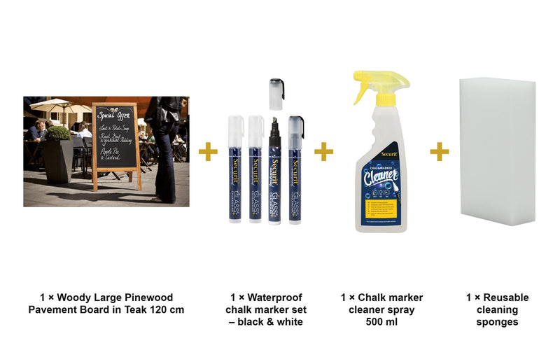 Load image into Gallery viewer, Securit Chalkboard Set - Woody Large Pinewood Pavement Board in Teak 120 cm - Board + Waterproof Markers + Cleaner - what is in the set
