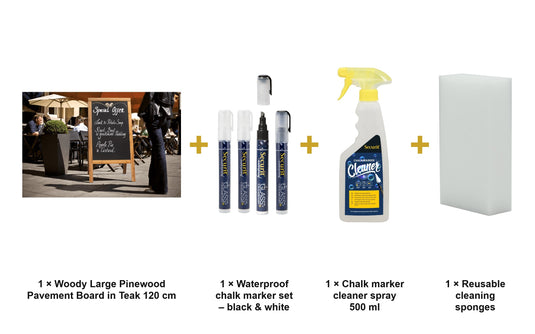 Securit Chalkboard Set - Woody Large Pinewood Pavement Board in Teak 120 cm - Board + Waterproof Markers + Cleaner - what is in the set