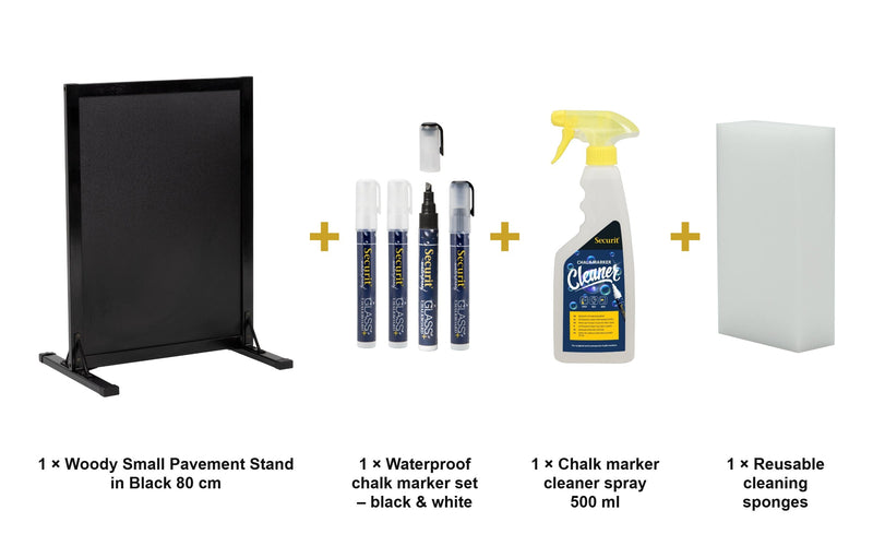Load image into Gallery viewer, Securit Chalkboard Set - Woody Small Pavement Stand in Black 80 cm - Board + Waterproof Markers + Cleaner - what is in the set
