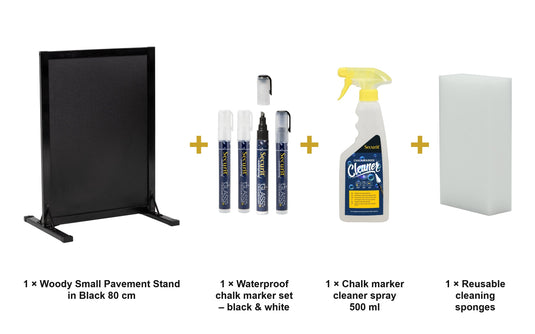 Securit Chalkboard Set - Woody Small Pavement Stand in Black 80 cm - Board + Waterproof Markers + Cleaner - what is in the set