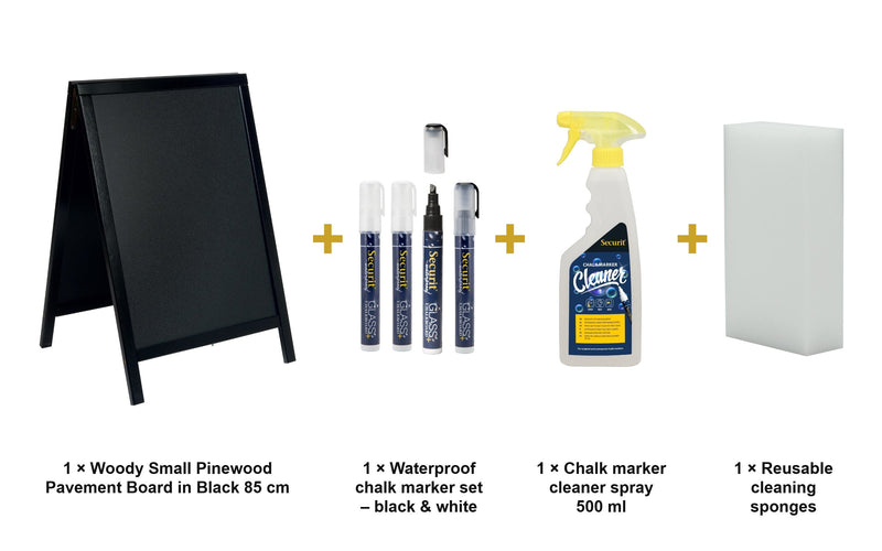 Load image into Gallery viewer, Securit Chalkboard Set - Woody Small Pinewood Pavement Board in Black 85 cm - Board + Waterproof Markers + Cleaner - what is in the set
