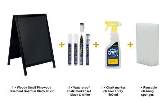 Securit Chalkboard Set - Woody Small Pinewood Pavement Board in Black 85 cm - Board + Waterproof Markers + Cleaner - what is in the set