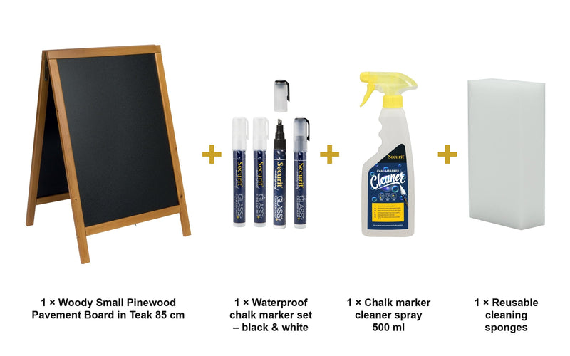 Load image into Gallery viewer, Securit Chalkboard Set - Woody Small Pinewood Pavement Board in Teak 85 cm - Board + Waterproof Markers + Cleaner - what is in the set

