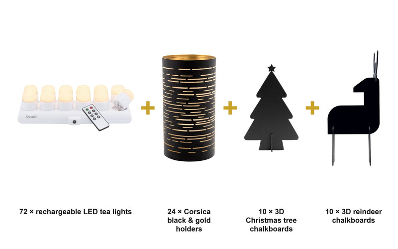 Load image into Gallery viewer, Securit Christmas Candlelight Deluxe Set - 72 Rechargeable LED Tea Lights + 24 Corsica Black &amp; Gold Holders + 10 3D Trees + 10 3D Reindeer - what is in the set
