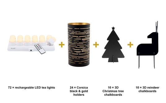 Securit Christmas Candlelight Deluxe Set - 72 Rechargeable LED Tea Lights + 24 Corsica Black & Gold Holders + 10 3D Trees + 10 3D Reindeer - what is in the set