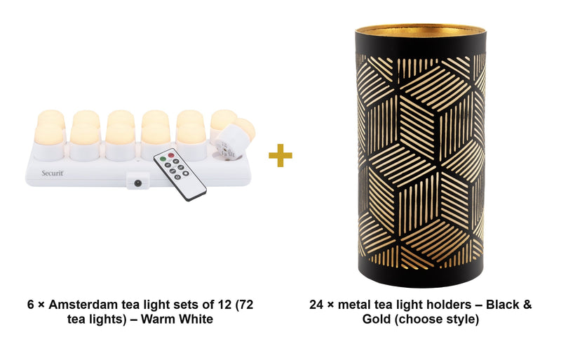 Load image into Gallery viewer, Securit Christmas Candlelight Set - 72 Rechargeable LED Tea Lights + 24 Black &amp; Gold Holders - what is in the set
