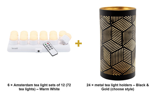 Securit Christmas Candlelight Set - 72 Rechargeable LED Tea Lights + 24 Black & Gold Holders - what is in the set