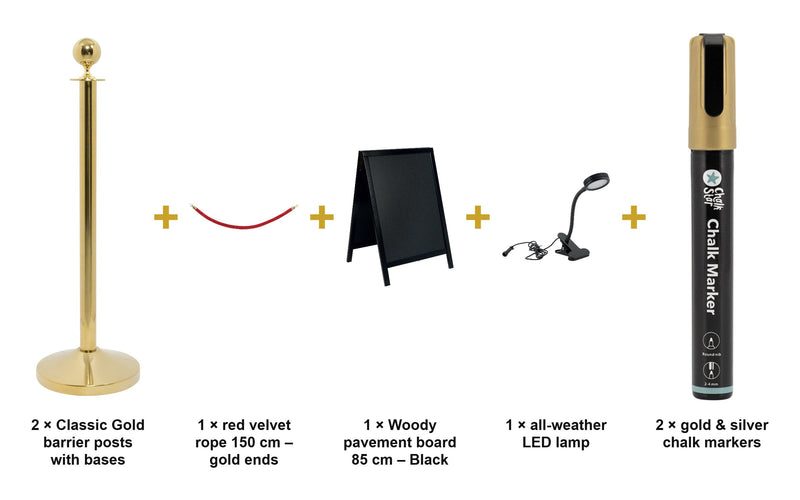 Load image into Gallery viewer, Securit Christmas Entrance Set - Gold Barrier Posts + Red Velvet Rope + Lit Pavement Board + Gold &amp; Silver Markers - what is in the set
