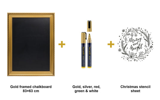 Securit Christmas Gold Menu Board Set - Gold Framed Wall Chalkboard 83x63 cm + Gold, Silver, Red, Green & White Markers + Christmas Stencils - what is in the set