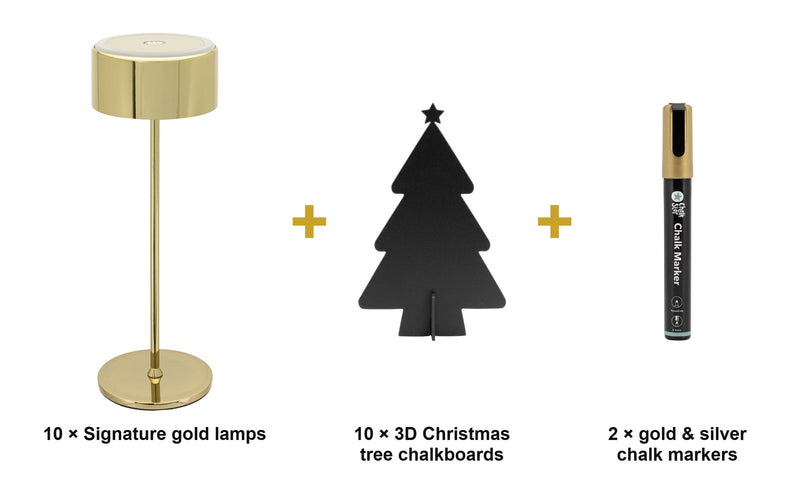 Load image into Gallery viewer, Securit Christmas Golden Glow Set - 10 Signature Gold Dimmable Lamps + 10 3D Christmas Tree Chalkboards + Gold &amp; Silver Markers - what is in the set
