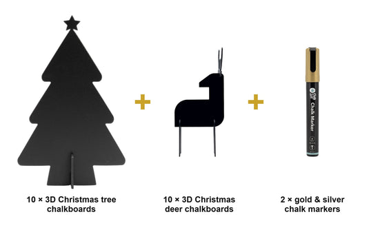 Securit Christmas Table Set - 20 Festive 3D Table Chalkboards (Tree & Deer) + Gold & Silver Markers - what is in the set