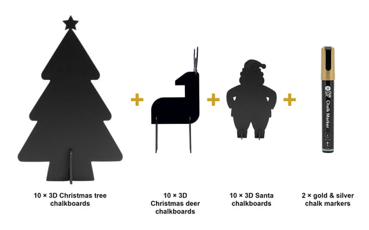 Securit Christmas Table Set - 30 Festive 3D Table Chalkboards (Tree, Deer & Santa) + Gold & Silver Markers - what is in the set