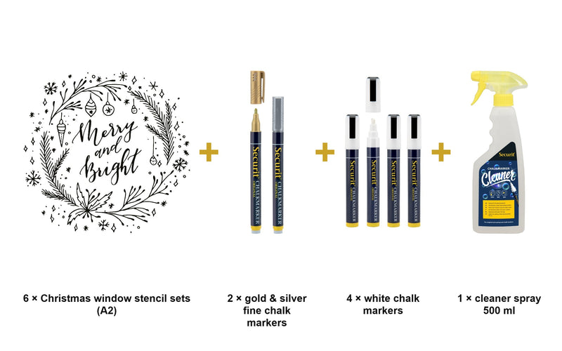 Load image into Gallery viewer, Securit Christmas Window Set - Windoodle Christmas Stencils + Gold, Silver &amp; White Chalk Markers + Cleaner - what is in the set
