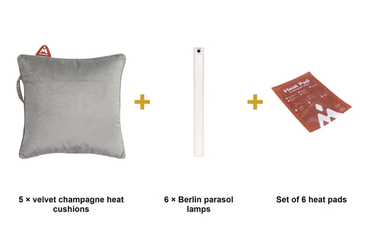 Securit Christmas Winter Terrace Set - 5 Velvet Champagne Heat Pad Cushions + 6 Berlin Parasol Lamps + Heat Pads - what is in the set