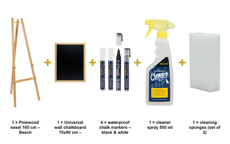 Load image into Gallery viewer, Securit Easel Chalkboard Set - Beech Easel 165 cm + Beech Chalkboard 70x90 cm + Waterproof Markers - what is in the set
