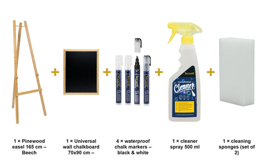 Securit Easel Chalkboard Set - Beech Easel 165 cm + Beech Chalkboard 70x90 cm + Waterproof Markers - what is in the set