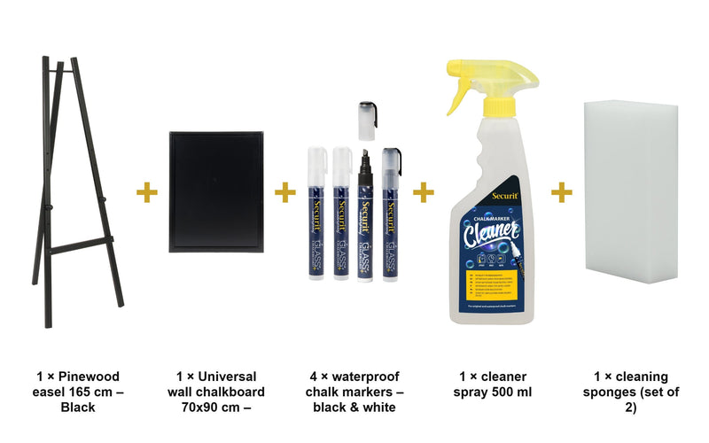 Load image into Gallery viewer, Securit Easel Chalkboard Set - Black Easel 165 cm + Black Chalkboard 70x90 cm + Waterproof Markers - what is in the set
