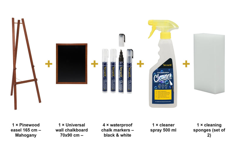 Load image into Gallery viewer, Securit Easel Chalkboard Set - Mahogany Easel 165 cm + Mahogany Chalkboard 70x90 cm + Waterproof Markers - what is in the set
