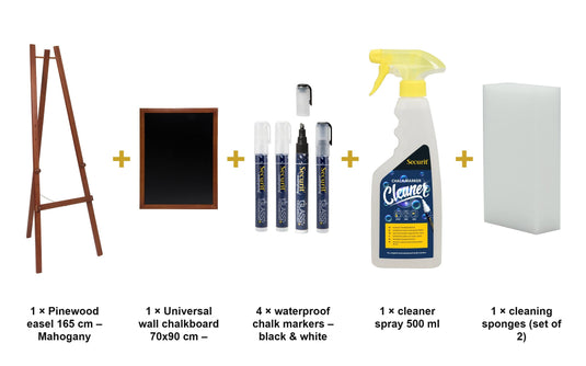 Securit Easel Chalkboard Set - Mahogany Easel 165 cm + Mahogany Chalkboard 70x90 cm + Waterproof Markers - what is in the set