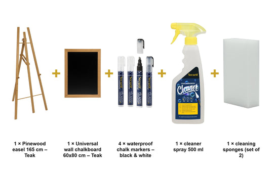 Securit Easel Chalkboard Set - Teak Easel 165 cm + Teak Chalkboard 60x80 cm + Waterproof Markers - what is in the set