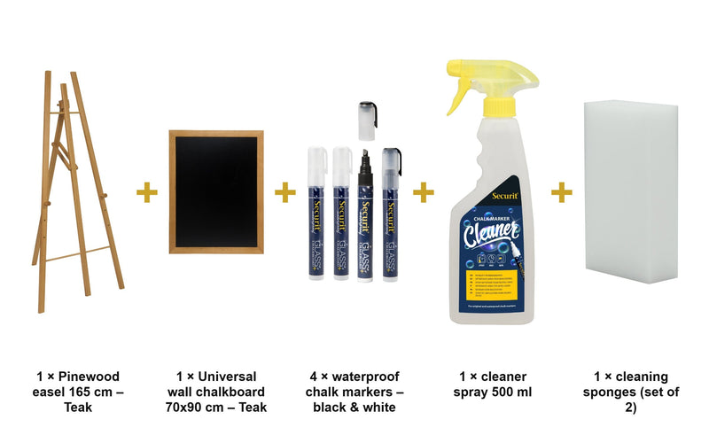 Load image into Gallery viewer, Securit Easel Chalkboard Set - Teak Easel 165 cm + Teak Chalkboard 70x90 cm + Waterproof Markers - what is in the set
