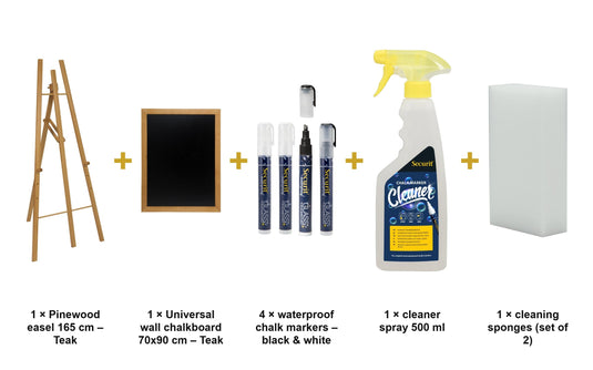 Securit Easel Chalkboard Set - Teak Easel 165 cm + Teak Chalkboard 70x90 cm + Waterproof Markers - what is in the set