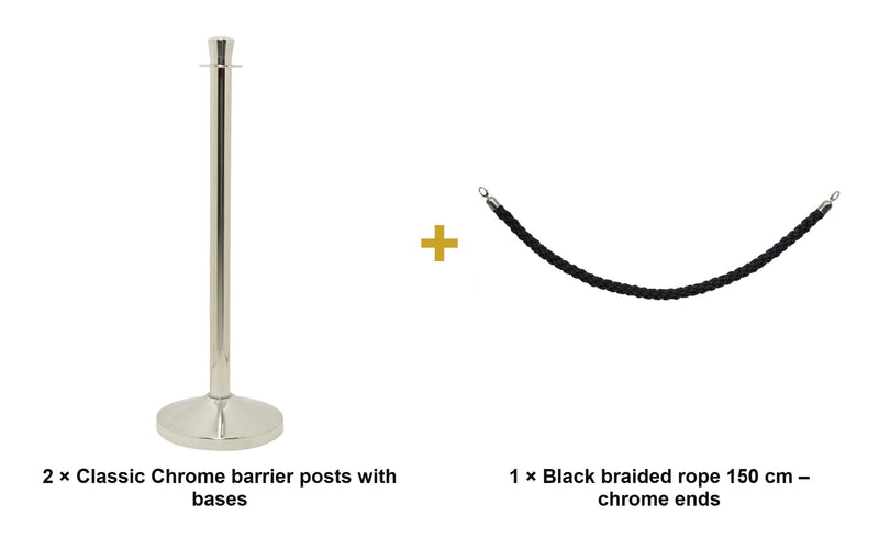 Load image into Gallery viewer, Securit Entrance Barrier Set - Classic Chrome - 2 Posts &amp; Bases + Black Braided Rope - what is in the set
