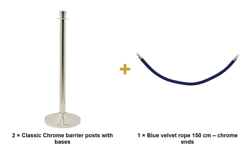 Load image into Gallery viewer, Securit Entrance Barrier Set - Classic Chrome - 2 Posts &amp; Bases + Blue Velvet Rope - what is in the set
