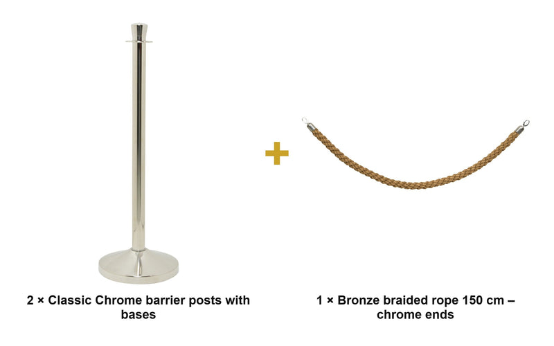 Load image into Gallery viewer, Securit Entrance Barrier Set - Classic Chrome - 2 Posts &amp; Bases + Bronze Braided Rope - what is in the set
