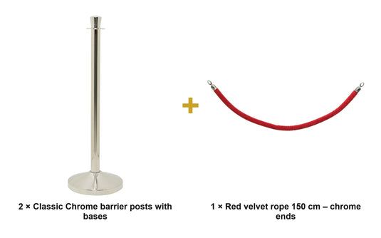 Securit Entrance Barrier Set - Classic Chrome - 2 Posts & Bases + Red Velvet Rope - what is in the set
