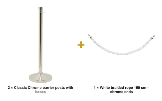 Securit Entrance Barrier Set - Classic Chrome - 2 Posts & Bases + White Braided Rope - what is in the set