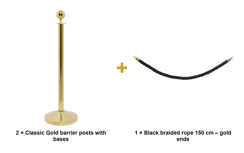 Load image into Gallery viewer, Securit Entrance Barrier Set - Classic Gold - 2 Posts &amp; Bases + Black Braided Rope - what is in the set
